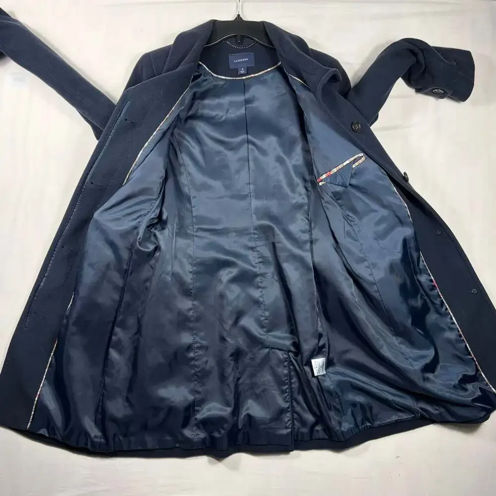 Lands' End Women's Navy Blue Wool Cashmere Blend Stand Collar Coat